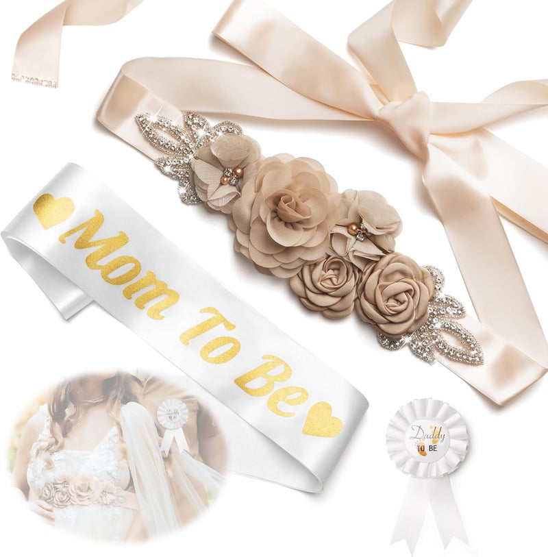 WeddingSteps Baby Shower Maternity Sash Belly Belt-Pink Flower Sash Set Mom to Be & Dad to Be Corsage Pins for Gender Reveal - Image 1